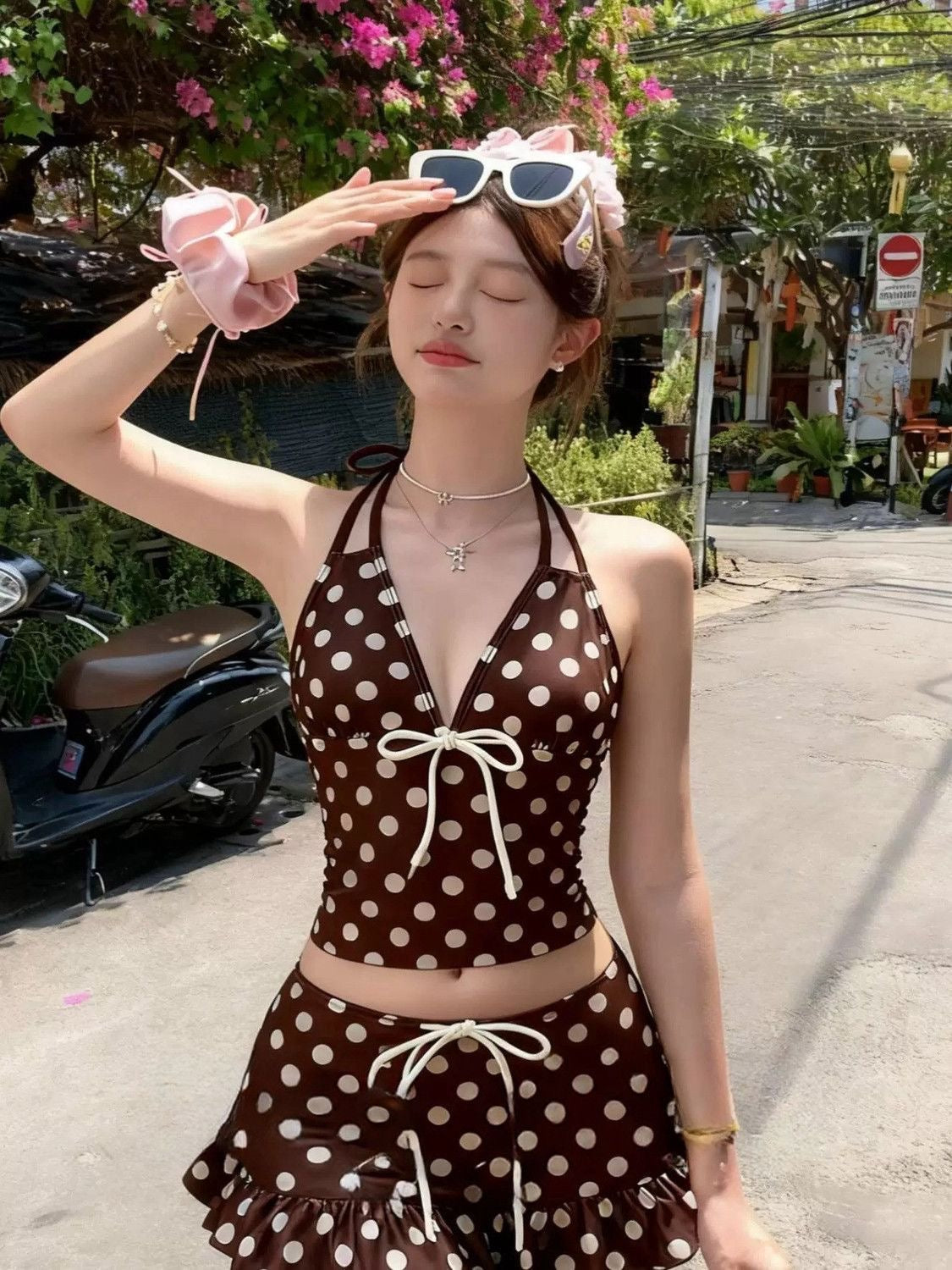 MUSE Polka Dot Halter Bikini Set with Mini Skirt