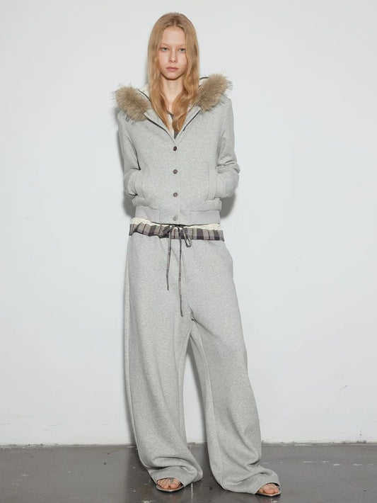 Faux Fur Collar Fleece-Lined Button Hoodie Jacket – Grey