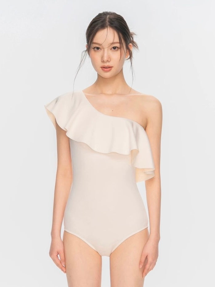 ÉLAN Ivory One Shoulder Ruffle One Piece Swimsuit