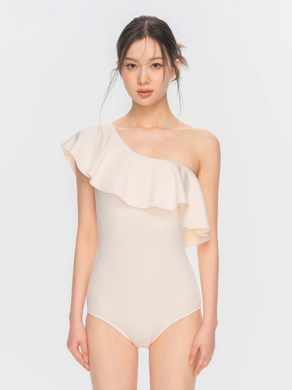 ÉLAN Ivory One Shoulder Ruffle One Piece Swimsuit