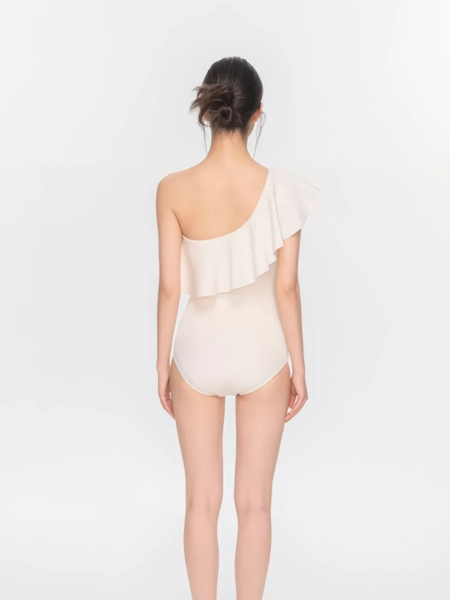 ÉLAN Ivory One Shoulder Ruffle One Piece Swimsuit