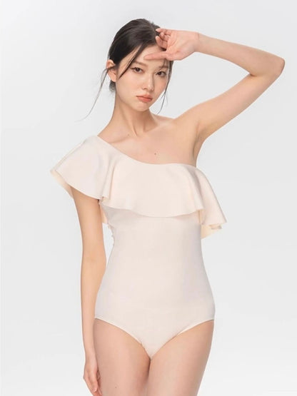 ÉLAN Ivory One Shoulder Ruffle One Piece Swimsuit