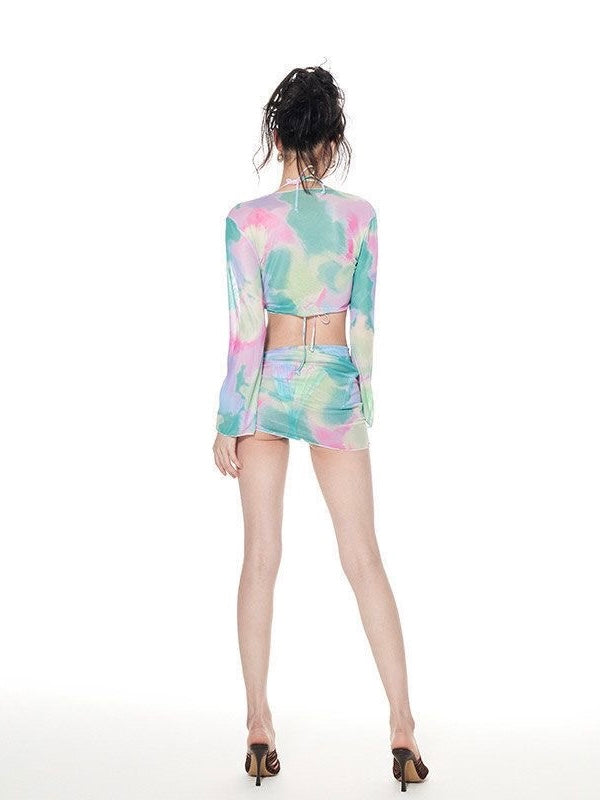 AURA Tie-Dye Sheer Cover-Up Set with Wrap Skirt