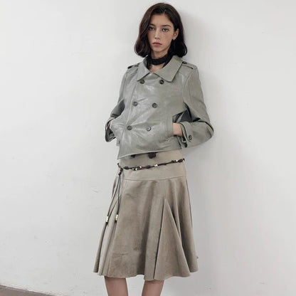 Haze Green Cropped Leather Jacket | Cut-Off Vintage Biker Style