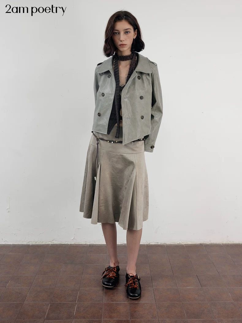 Haze Green Cropped Leather Jacket | Cut-Off Vintage Biker Style