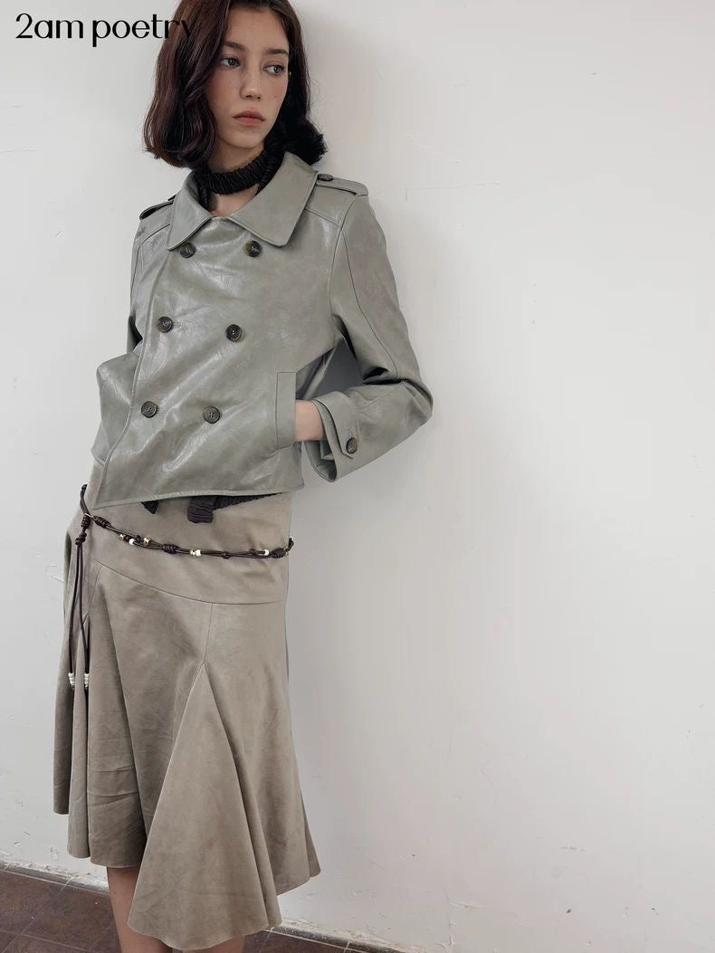 Haze Green Cropped Leather Jacket | Cut-Off Vintage Biker Style