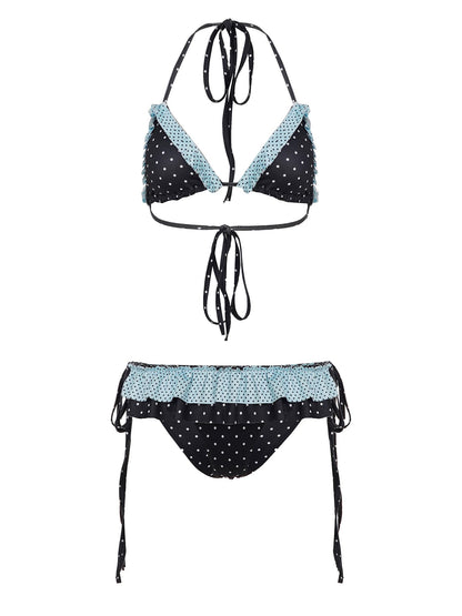 Colorblock Polka Dot Ruffle Halter Bikini – Cute Girl Vacation Swimwear