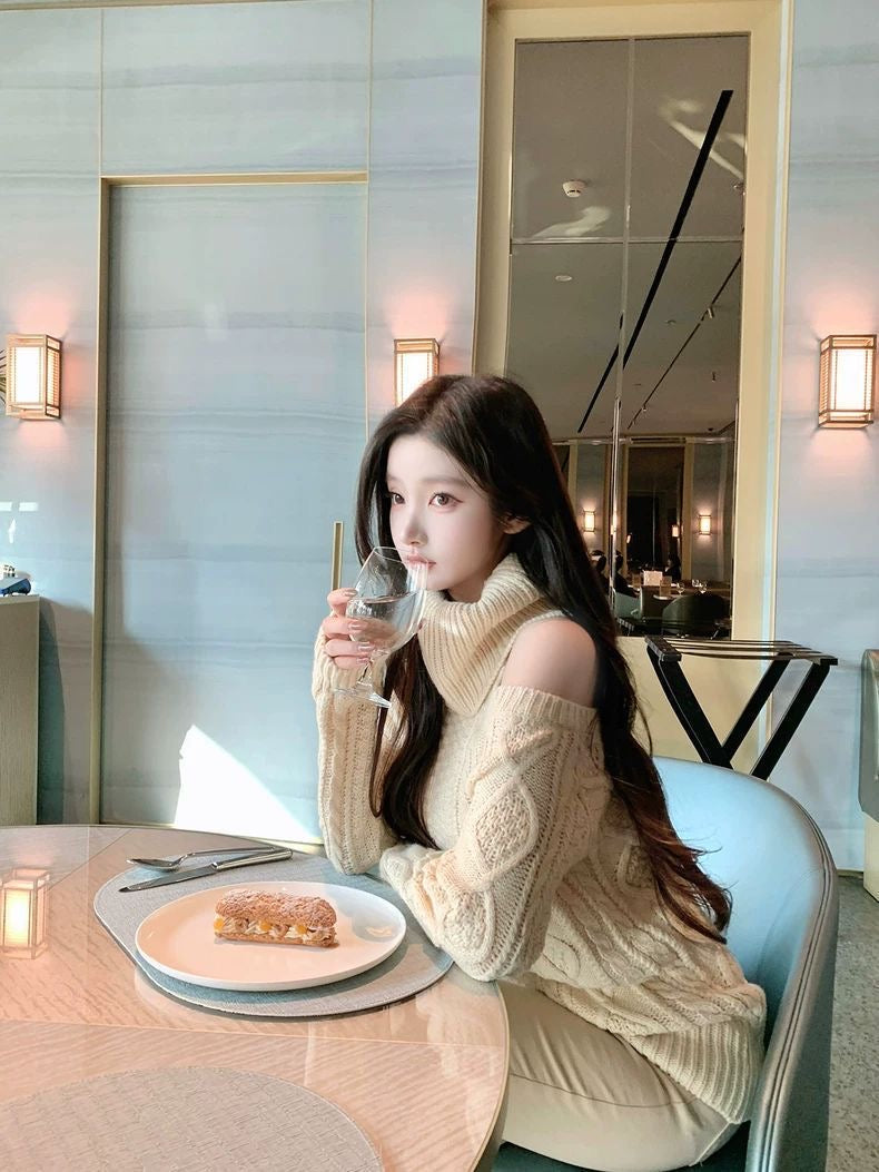 INNA Camille Off-Shoulder Cable Knit Sweater