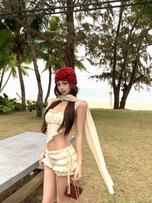 Y2K Beach Babe Bikini Set – Off-Shoulder Asymmetrical Tie Strap Tank & Two-Piece Swimsuit