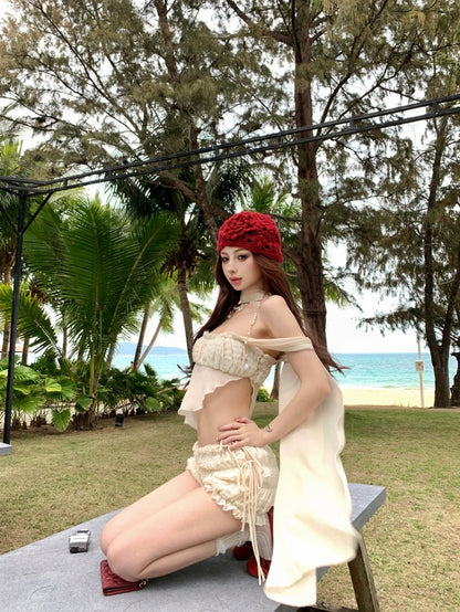 Y2K Beach Babe Bikini Set – Off-Shoulder Asymmetrical Tie Strap Tank & Two-Piece Swimsuit