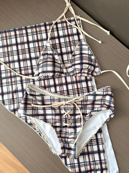 VERY LIMITED✨Retro Coffee Check 3-Piece Bikini Set – Strapless Push-Up Swimwear for Petite Busts