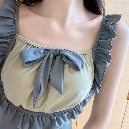 Korean INS Style One-Piece Swimsuit – Modest Slimming with Butterfly Tie Detail