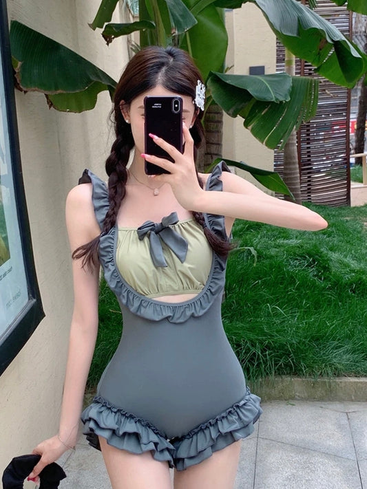 Korean INS Style One-Piece Swimsuit – Modest Slimming with Butterfly Tie Detail