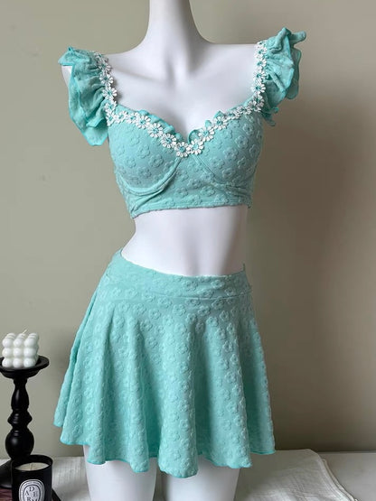 Mint Blue Three-Piece Bikini with White Lace Detailing