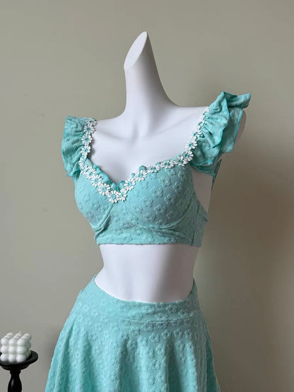 Mint Blue Three-Piece Bikini with White Lace Detailing
