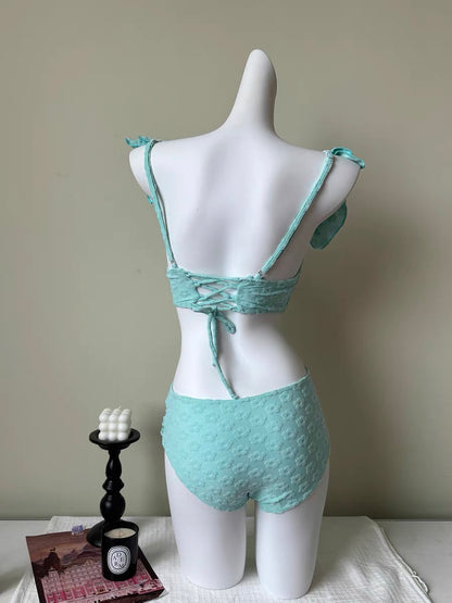 Mint Blue Three-Piece Bikini with White Lace Detailing