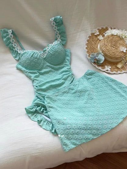 Mint Blue Three-Piece Bikini with White Lace Detailing