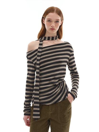 Vintage Striped Tencel Wool Knit Top with Draped Tie Detail