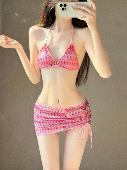 Pink Gradient Plaid 3-Piece Bikini Set – Wavy Stripe Luxe Swimwear with Cover-Up