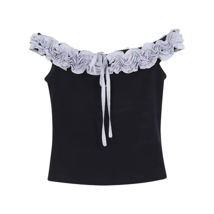 Navy Off-Shoulder Top – American Retro Chic with Light Blue Lace Trim