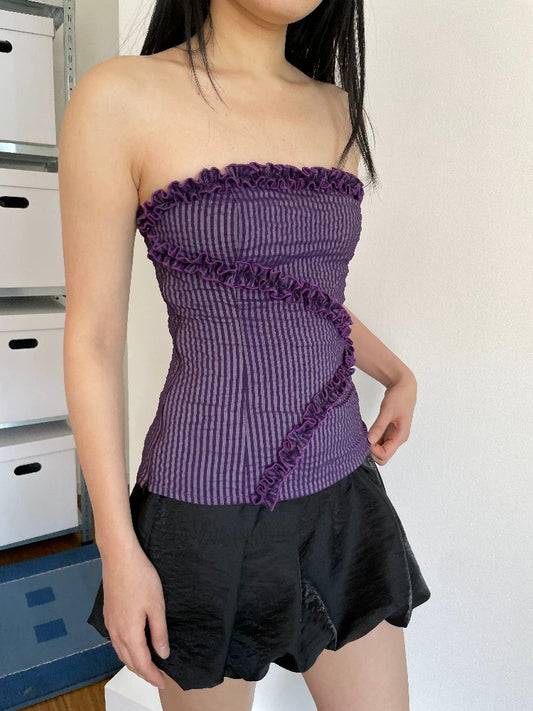 Purple Cross Lace Bustier Ruched Stretch Slim Fit Camisole Top