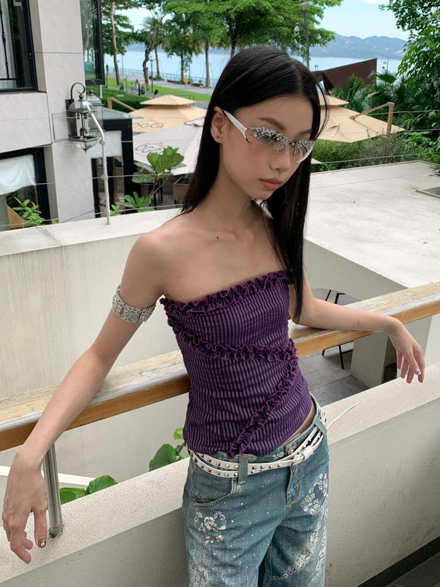 Purple Cross Lace Bustier Ruched Stretch Slim Fit Camisole Top