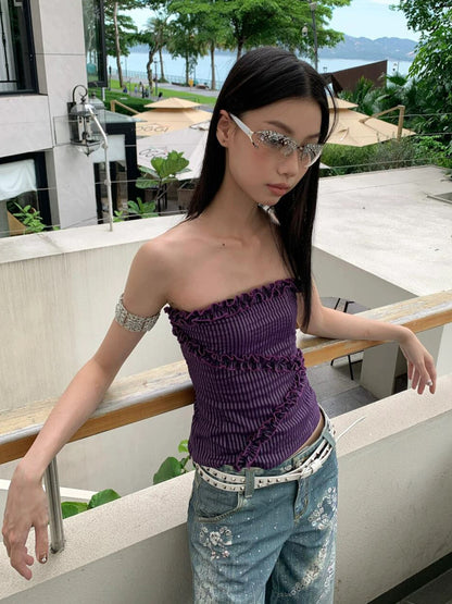 Purple Cross Lace Bustier Ruched Stretch Slim Fit Camisole Top