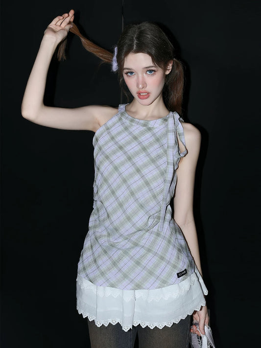 Sweet Lace-Trim Halter Neck Dress
