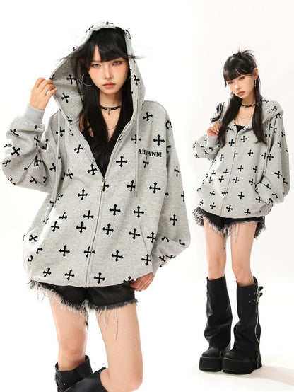 INNA Gothic Cross Oversized Zip Hoodie