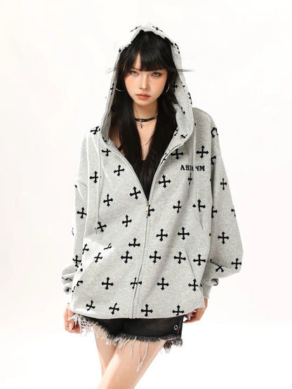 INNA Gothic Cross Oversized Zip Hoodie