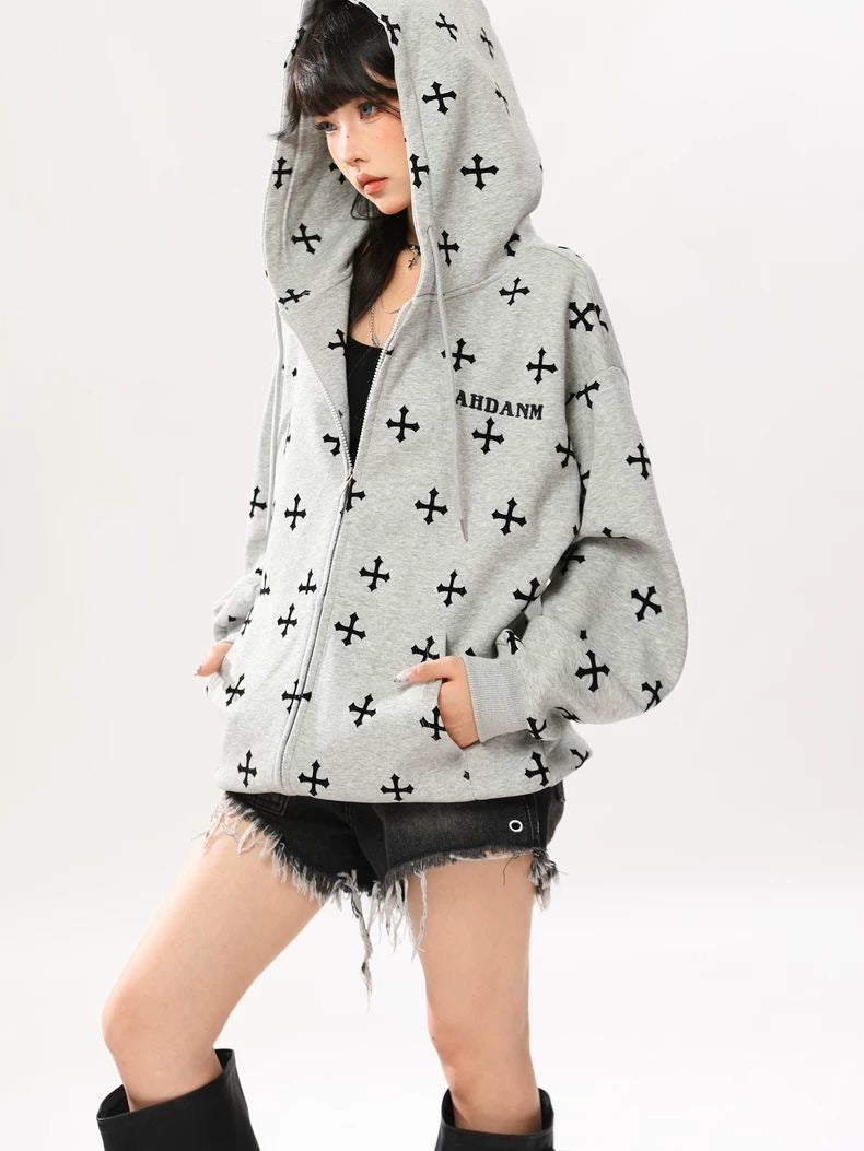 INNA Gothic Cross Oversized Zip Hoodie