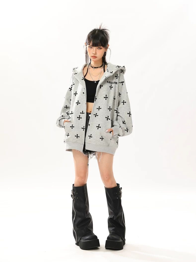 INNA Gothic Cross Oversized Zip Hoodie