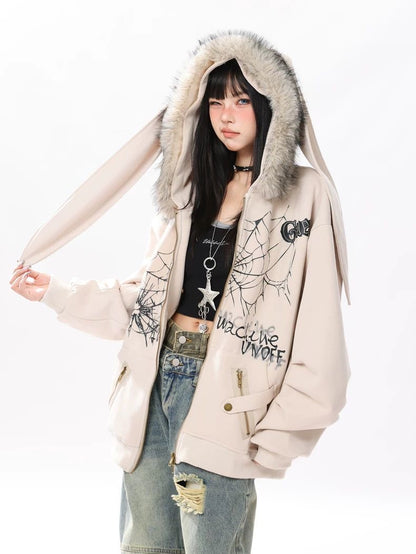 INNA Spider Web Bunny Ear Faux Fur Hoodie Jacket