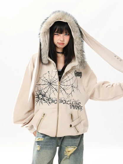 INNA Spider Web Bunny Ear Faux Fur Hoodie Jacket