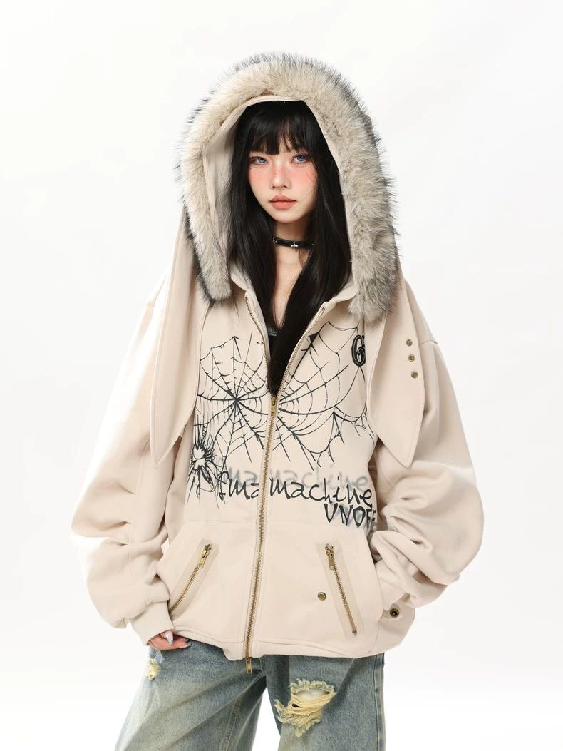 INNA Spider Web Bunny Ear Faux Fur Hoodie Jacket