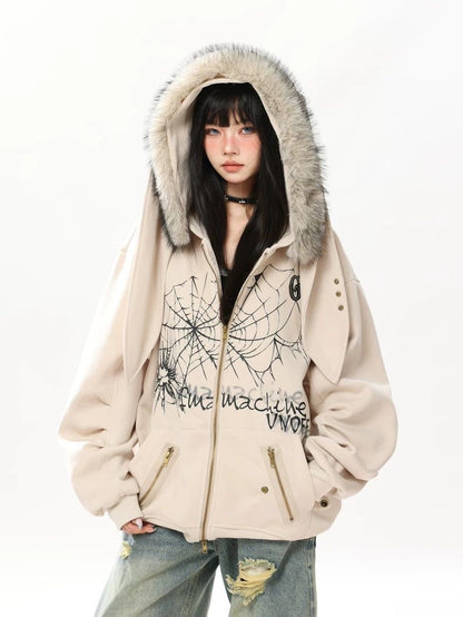 INNA Spider Web Bunny Ear Faux Fur Hoodie Jacket