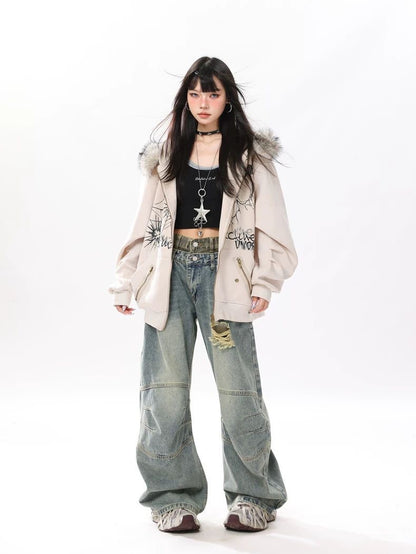 INNA Spider Web Bunny Ear Faux Fur Hoodie Jacket