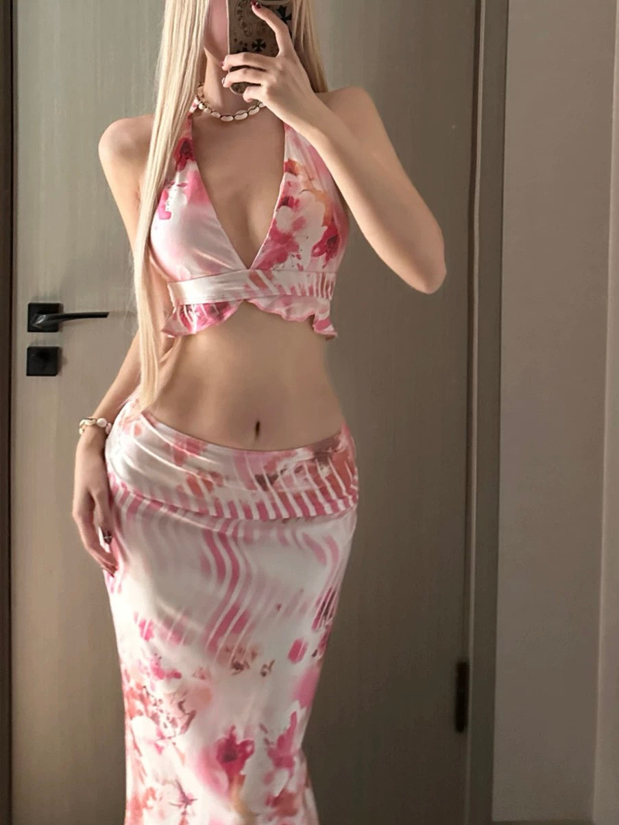 Red Floral Bikini & Mesh Maxi Skirt Set – 3 Piece Sexy Resort Outfit