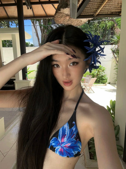 Blue Floral Halter Bikini & Mesh Cover-Up Set – 3 Piece Sexy Resort Outfit