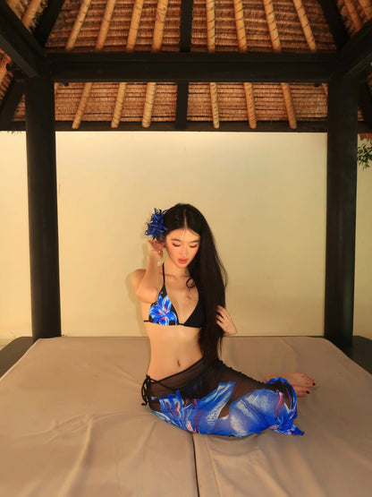 Blue Floral Halter Bikini & Mesh Cover-Up Set – 3 Piece Sexy Resort Outfit