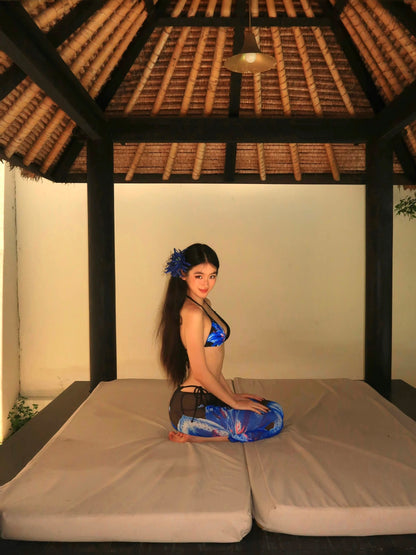 Blue Floral Halter Bikini & Mesh Cover-Up Set – 3 Piece Sexy Resort Outfit