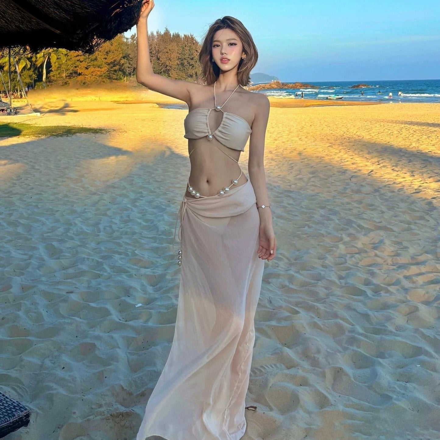 Pearl Strap Tube Bikini & Sheer Maxi Skirt Set – 3 Piece Elegant Resort Outfit