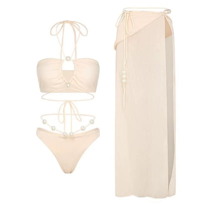 Pearl Strap Tube Bikini & Sheer Maxi Skirt Set – 3 Piece Elegant Resort Outfit