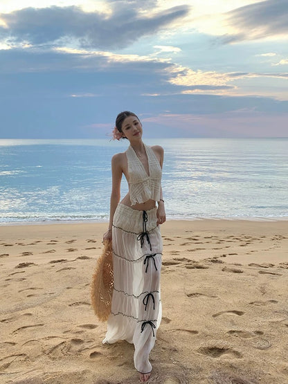 Boho Deep V Bikini & Long Cover-Up Set – 3 Piece Backless Island Vacation Look