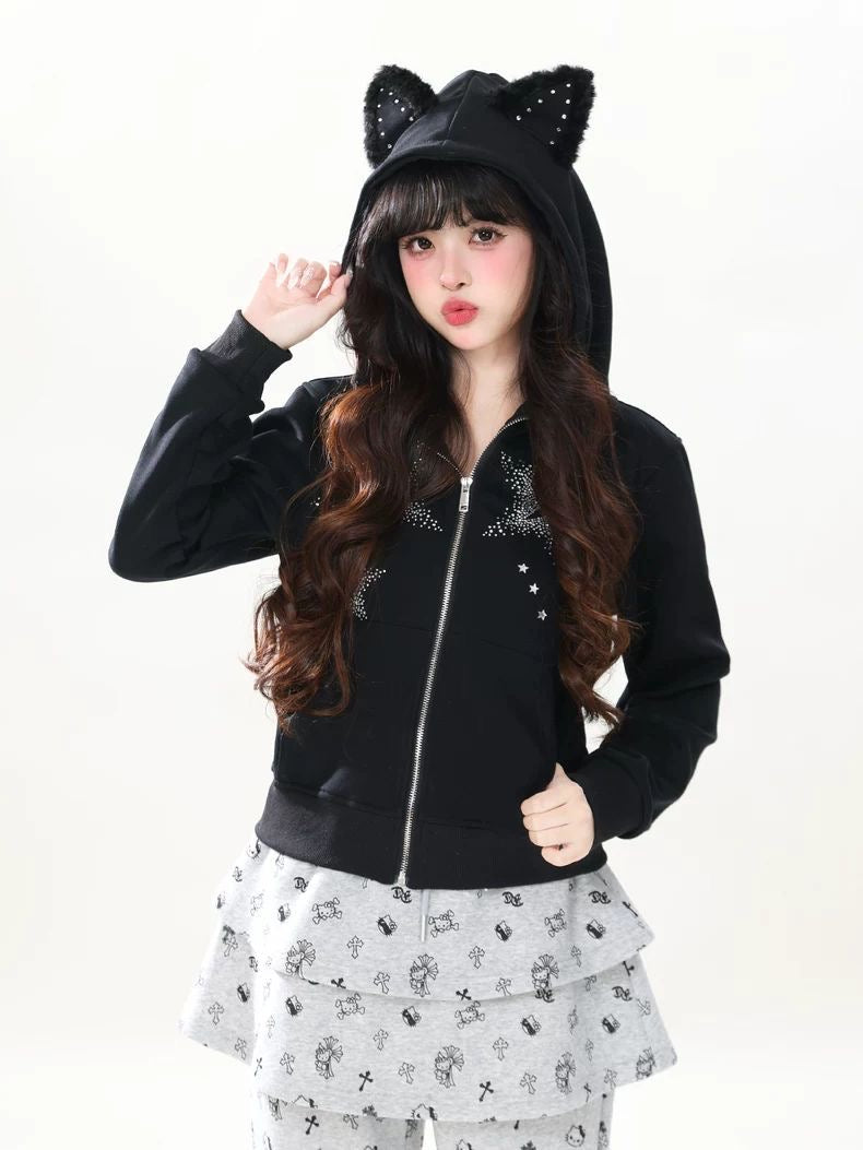 INNA Rhinestone Star Cat Ear Zip Hoodie