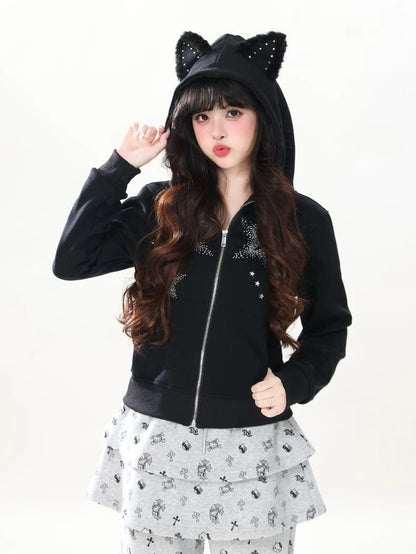 INNA Rhinestone Star Cat Ear Zip Hoodie