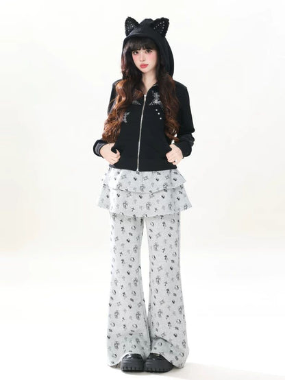 INNA Rhinestone Star Cat Ear Zip Hoodie