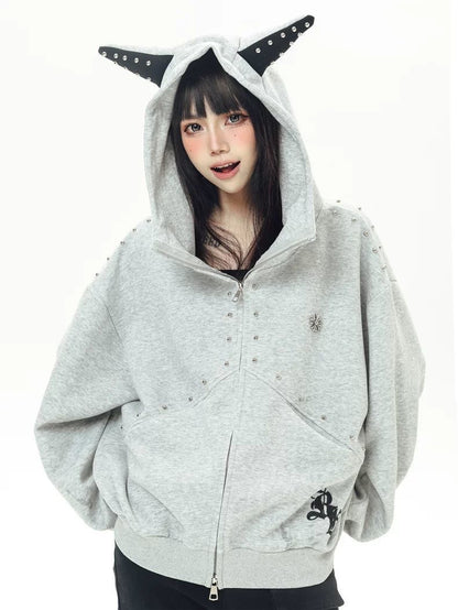INNA Studded Horn Oversized Zip Hoodie