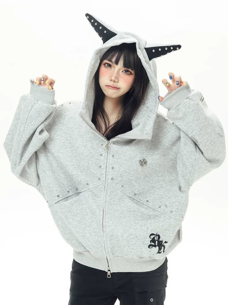 INNA Studded Horn Oversized Zip Hoodie