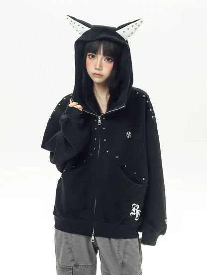 INNA Studded Horn Oversized Zip Hoodie